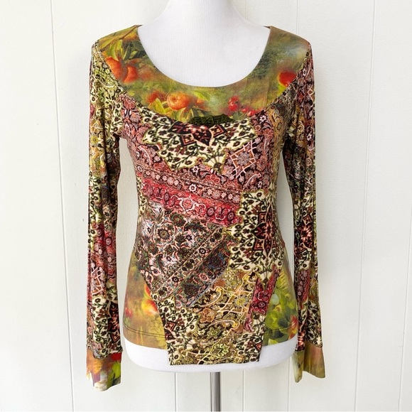 Eva & Claudi Long Sleeve Top S-M? Colorful Floral Fruit Mixed Print Whimsical - Picture 1 of 15